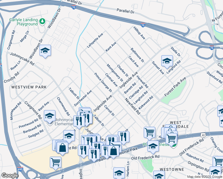 map of restaurants, bars, coffee shops, grocery stores, and more near 5902 Prince George Street in Baltimore