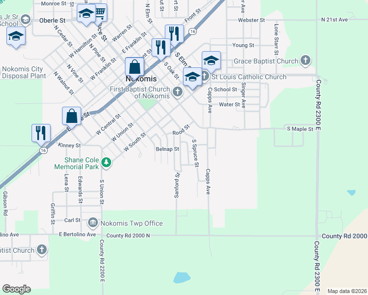 map of restaurants, bars, coffee shops, grocery stores, and more near 519 Sanford Street in Nokomis