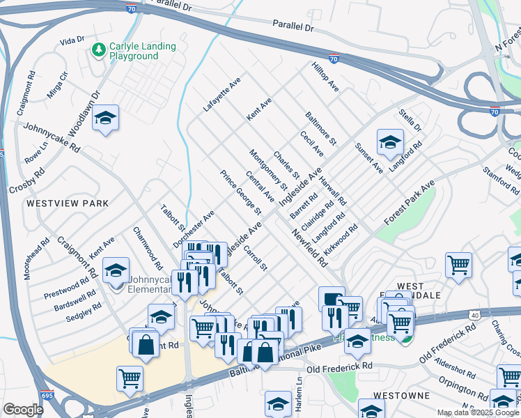map of restaurants, bars, coffee shops, grocery stores, and more near 5902 Prince George Street in Baltimore