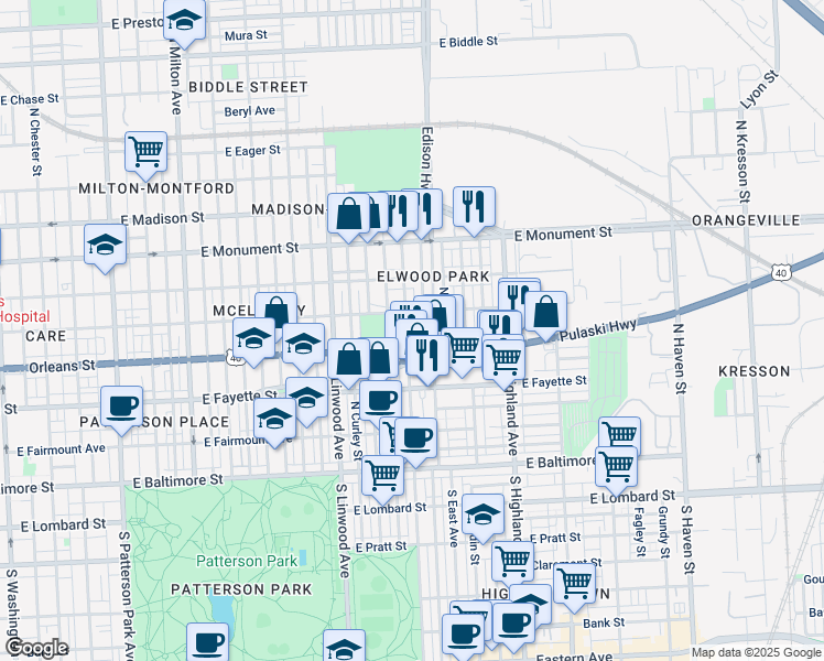 map of restaurants, bars, coffee shops, grocery stores, and more near 425 North Ellwood Avenue in Baltimore
