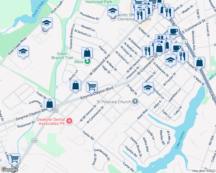 map of restaurants, bars, coffee shops, grocery stores, and more near 436 West Mount Vernon Street in Smyrna