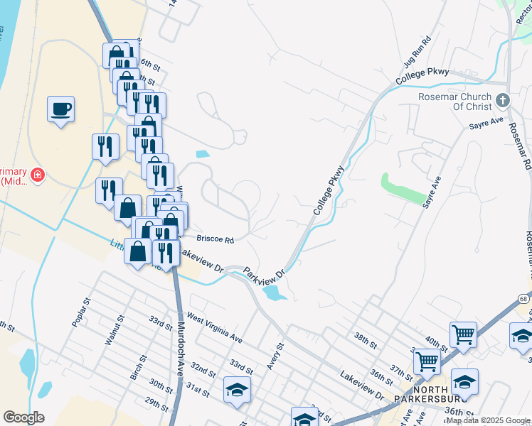 map of restaurants, bars, coffee shops, grocery stores, and more near 16 Willowbrook Drive in Parkersburg