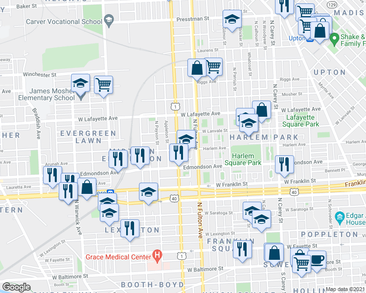 map of restaurants, bars, coffee shops, grocery stores, and more near 1829 Rayner Avenue in Baltimore