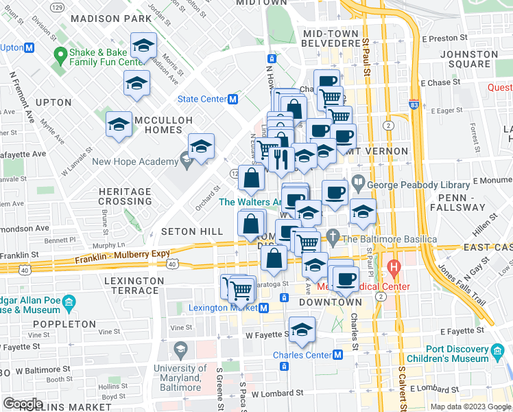 map of restaurants, bars, coffee shops, grocery stores, and more near 701 N Eutaw St in Baltimore