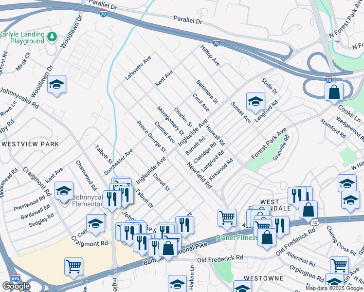 map of restaurants, bars, coffee shops, grocery stores, and more near 1405 Ingleside Avenue in Baltimore
