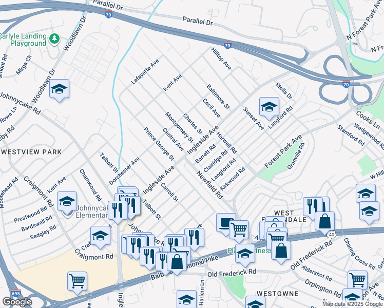 map of restaurants, bars, coffee shops, grocery stores, and more near 1405 Ingleside Avenue in Baltimore