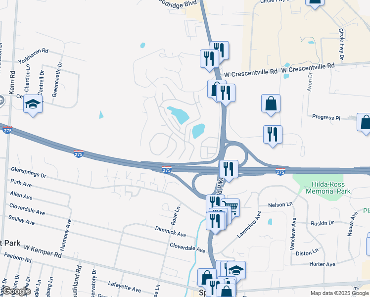 map of restaurants, bars, coffee shops, grocery stores, and more near 10135 Crossings Drive in Cincinnati