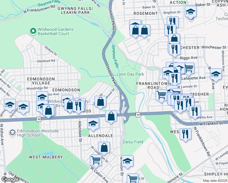 map of restaurants, bars, coffee shops, grocery stores, and more near 763 North Edgewood Street in Baltimore