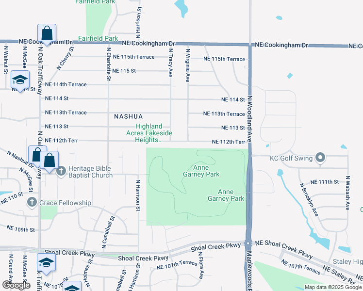 map of restaurants, bars, coffee shops, grocery stores, and more near 1215 Northeast 112th Terrace in Kansas City