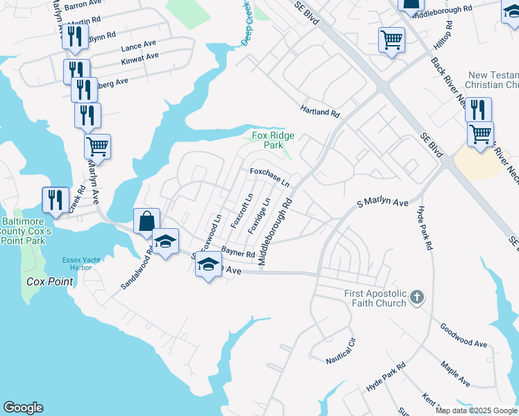map of restaurants, bars, coffee shops, grocery stores, and more near 1006 Foxridge Lane in Essex