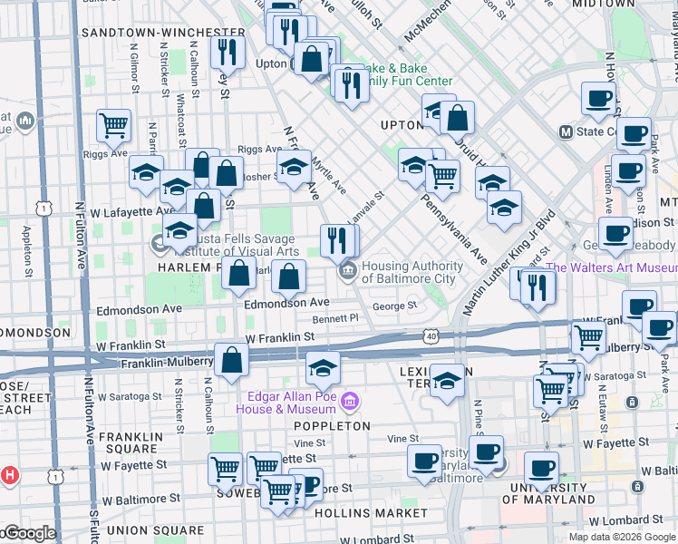 map of restaurants, bars, coffee shops, grocery stores, and more near 911 Harlem Avenue in Baltimore