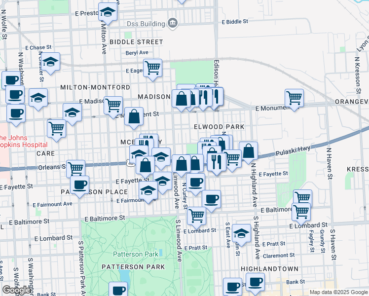 map of restaurants, bars, coffee shops, grocery stores, and more near 441 North Curley Street in Baltimore