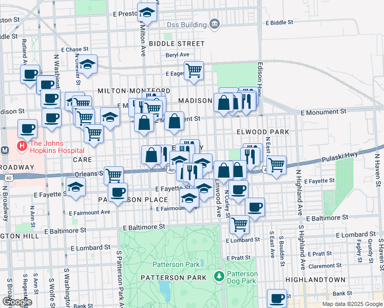 map of restaurants, bars, coffee shops, grocery stores, and more near 2711 Jefferson Street in Baltimore