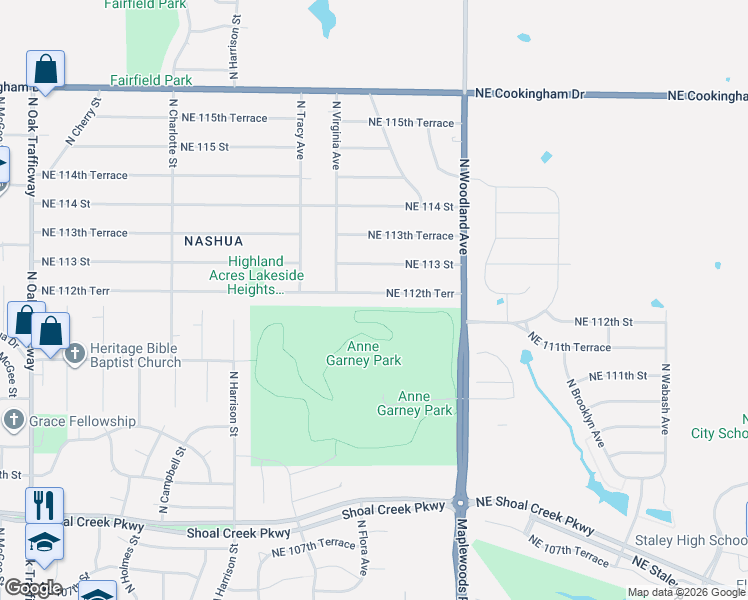 map of restaurants, bars, coffee shops, grocery stores, and more near 1500 Northeast 112th Terrace in Kansas City