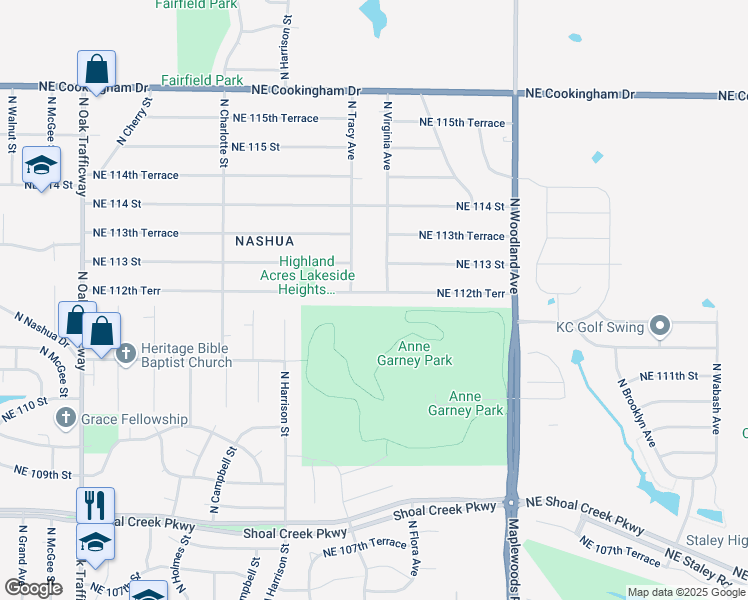 map of restaurants, bars, coffee shops, grocery stores, and more near 1215 Northeast 112th Terrace in Kansas City