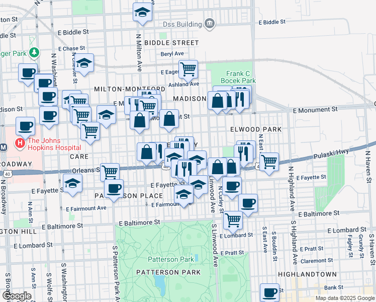 map of restaurants, bars, coffee shops, grocery stores, and more near 2715 Jefferson Street in Baltimore