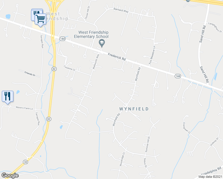 map of restaurants, bars, coffee shops, grocery stores, and more near 2660 Wynfield Road in West Friendship