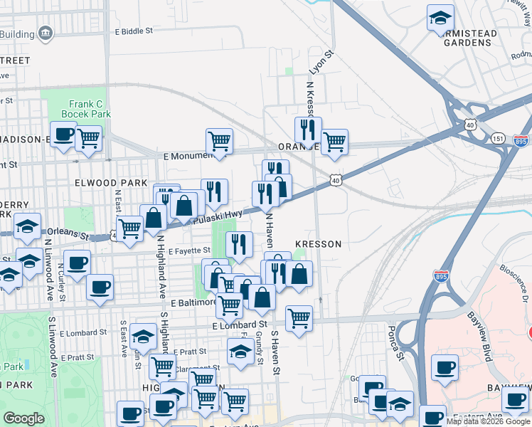 map of restaurants, bars, coffee shops, grocery stores, and more near 412 North Haven Street in Baltimore