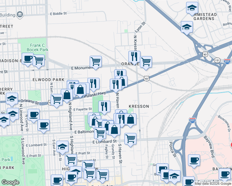map of restaurants, bars, coffee shops, grocery stores, and more near 412 North Haven Street in Baltimore