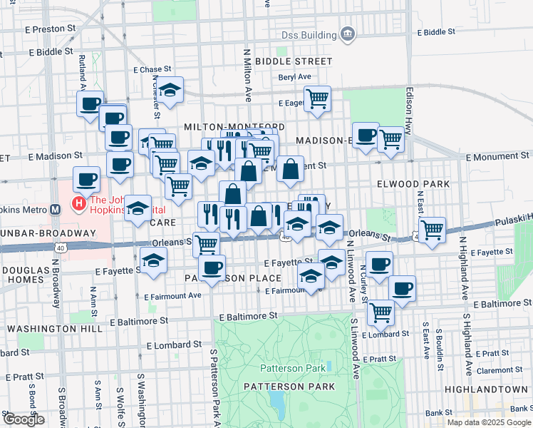 map of restaurants, bars, coffee shops, grocery stores, and more near Jefferson St & N Rose St in Baltimore