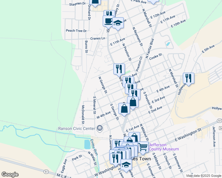 map of restaurants, bars, coffee shops, grocery stores, and more near 123 West 7th Avenue in Ranson