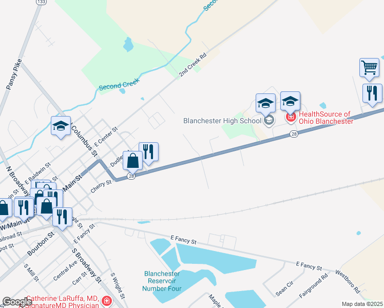 map of restaurants, bars, coffee shops, grocery stores, and more near 849 Cherry Street in Blanchester