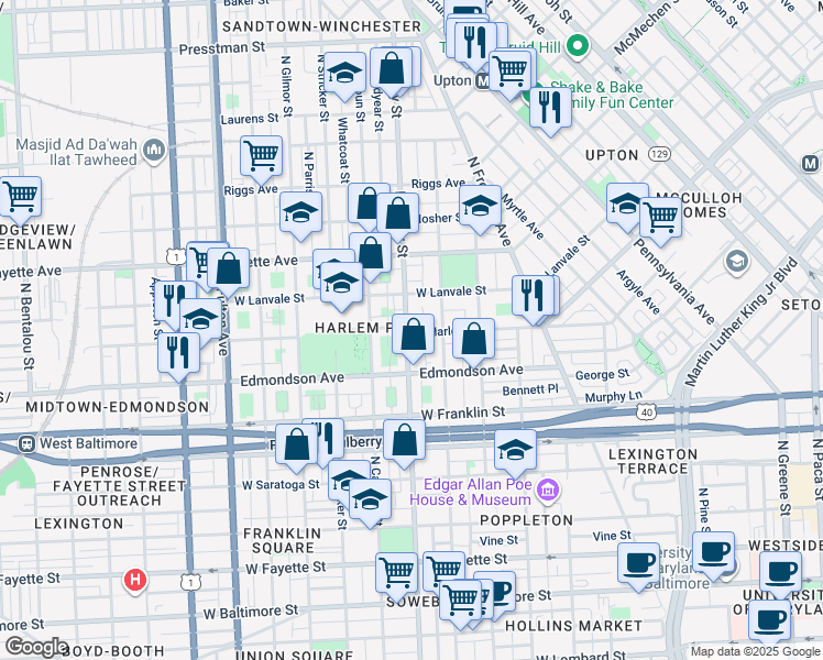 map of restaurants, bars, coffee shops, grocery stores, and more near 701 North Carey Street in Baltimore