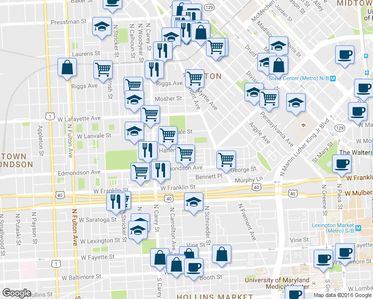 map of restaurants, bars, coffee shops, grocery stores, and more near Harlem Ave & N Arlington Ave in Baltimore