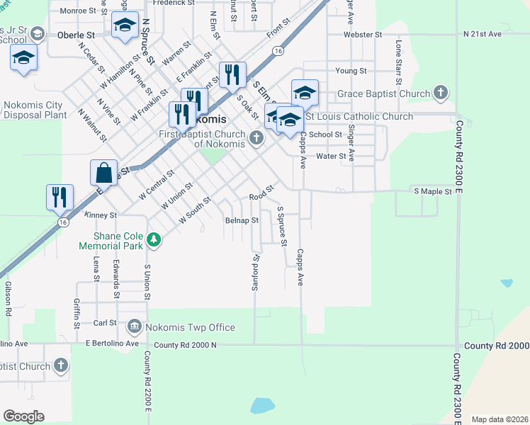 map of restaurants, bars, coffee shops, grocery stores, and more near 519 Sanford Street in Nokomis