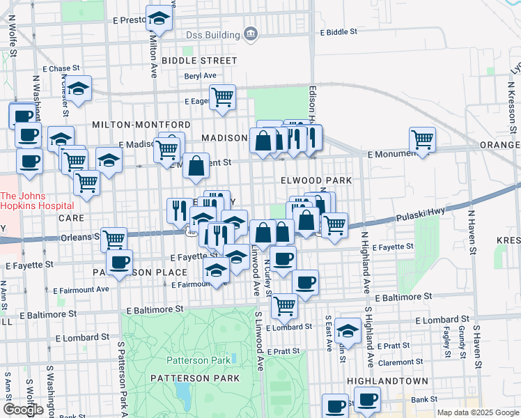 map of restaurants, bars, coffee shops, grocery stores, and more near 2903 Jefferson Street in Baltimore