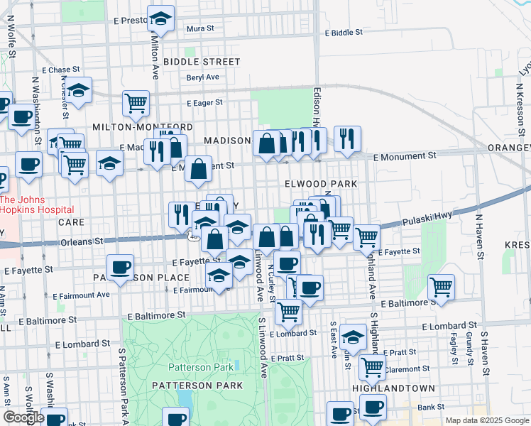 map of restaurants, bars, coffee shops, grocery stores, and more near 2905 Jefferson Street in Baltimore