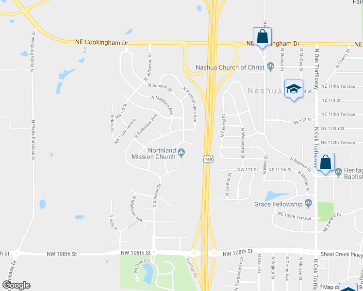 map of restaurants, bars, coffee shops, grocery stores, and more near 705 Northwest 111th Terrace in Kansas City