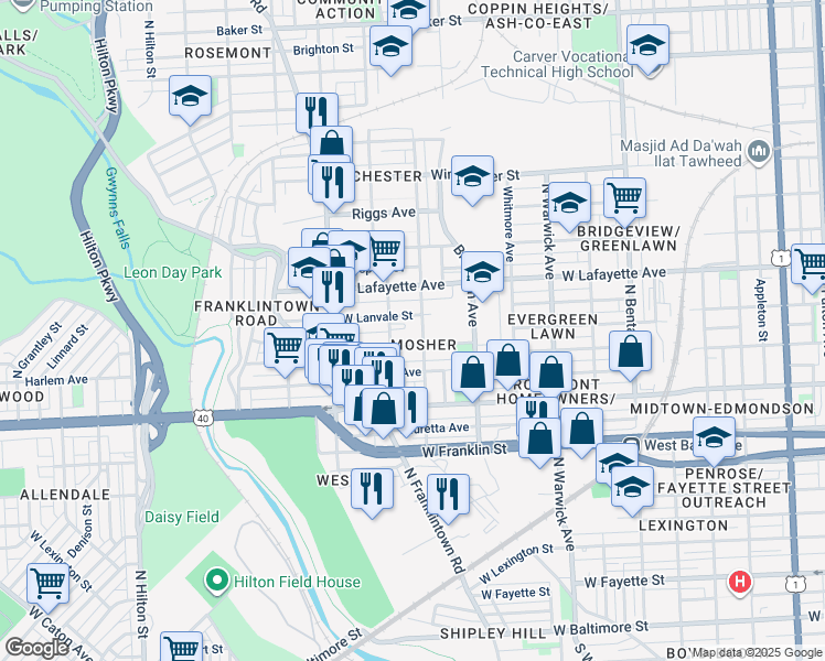 map of restaurants, bars, coffee shops, grocery stores, and more near 730 Ashburton Street in Baltimore
