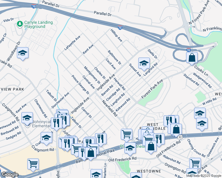 map of restaurants, bars, coffee shops, grocery stores, and more near 1459 Barrett Road in Baltimore
