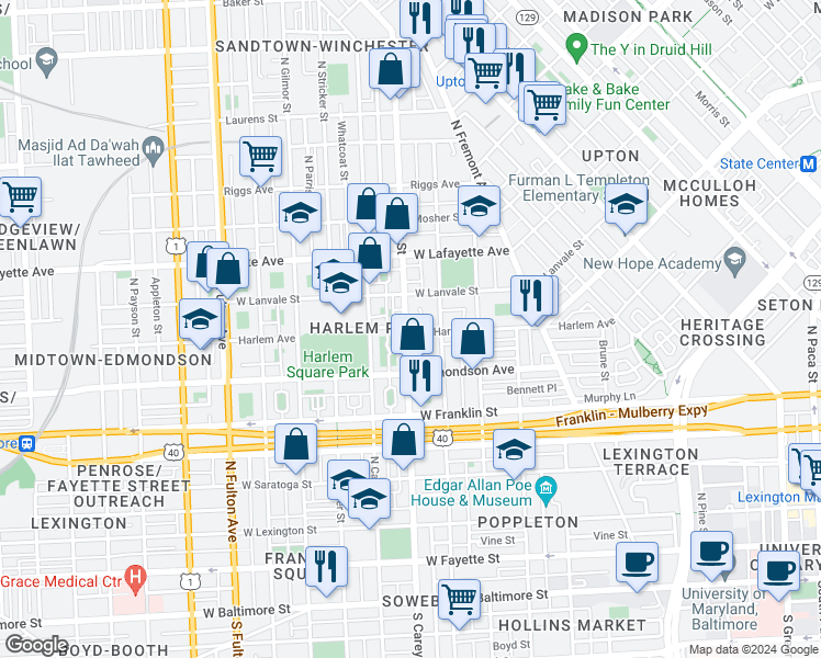 map of restaurants, bars, coffee shops, grocery stores, and more near 701 North Carey Street in Baltimore