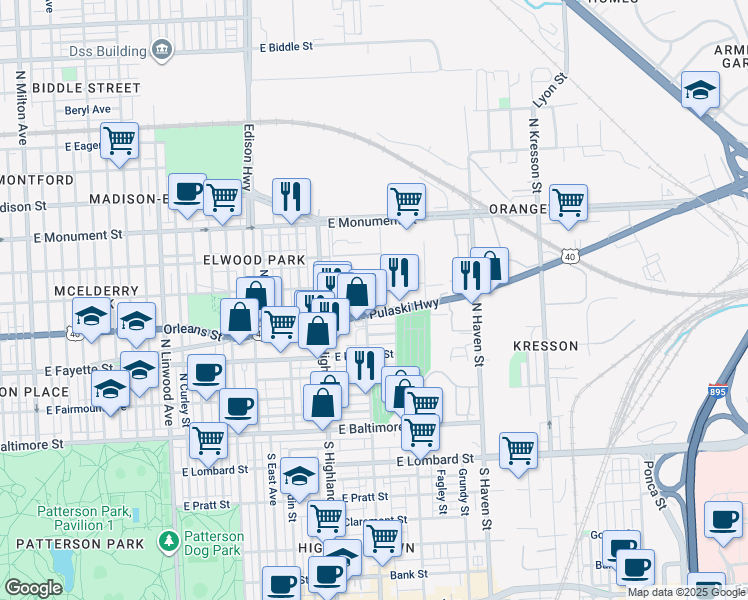 map of restaurants, bars, coffee shops, grocery stores, and more near 3600 Pulaski Highway in Baltimore