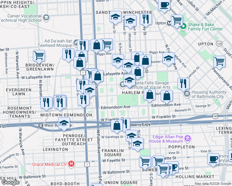map of restaurants, bars, coffee shops, grocery stores, and more near 708 North Gilmor Street in Baltimore