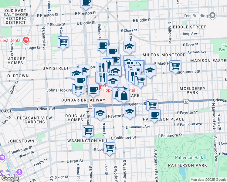 map of restaurants, bars, coffee shops, grocery stores, and more near 525 North Wolfe Street in Baltimore
