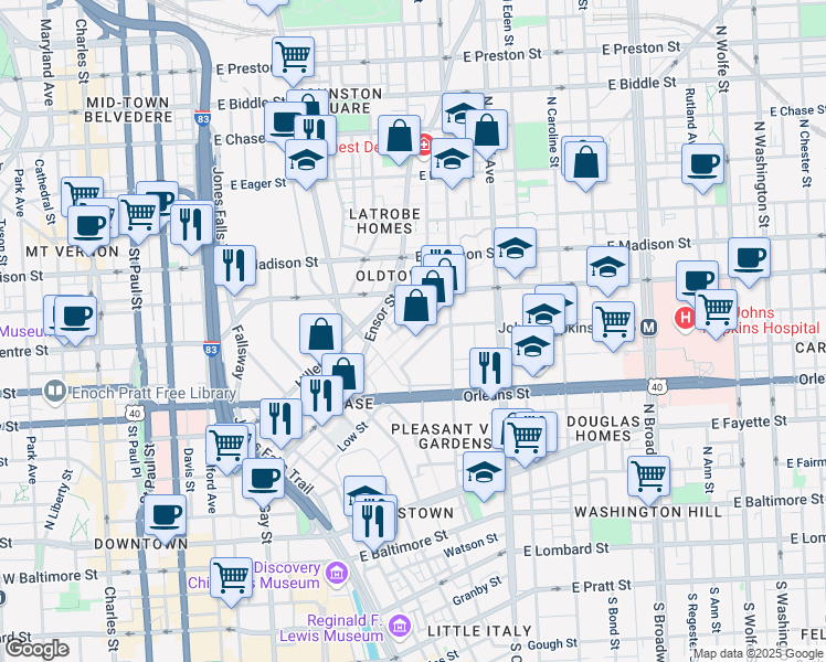 map of restaurants, bars, coffee shops, grocery stores, and more near 534 Old Town Mall in Baltimore