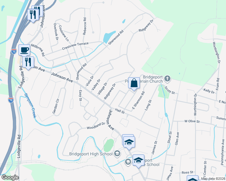 map of restaurants, bars, coffee shops, grocery stores, and more near 100-124 Ridgeway Drive in Bridgeport