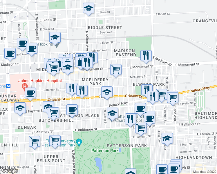 map of restaurants, bars, coffee shops, grocery stores, and more near Jefferson St & N Lakewood Ave in Baltimore