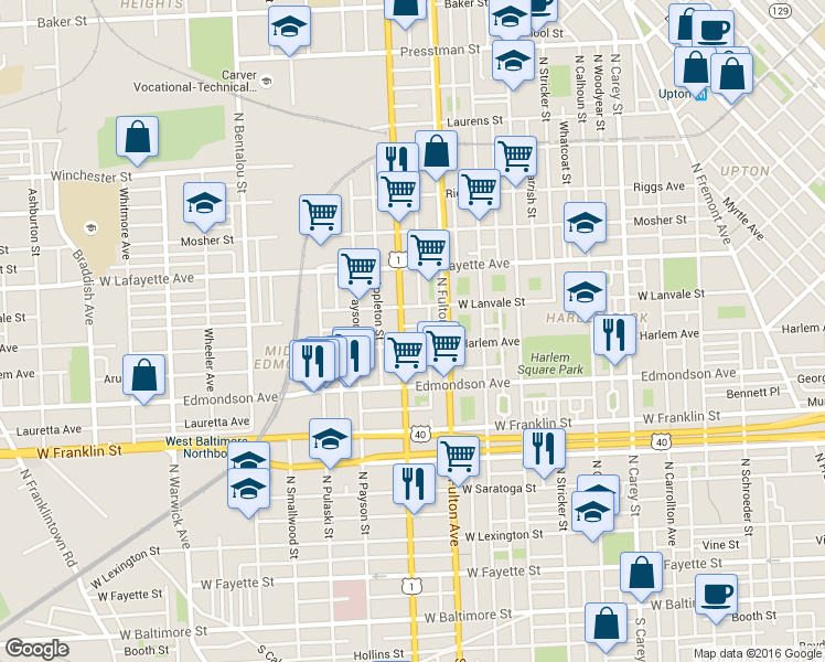 map of restaurants, bars, coffee shops, grocery stores, and more near 1829 Rayner Avenue in Baltimore