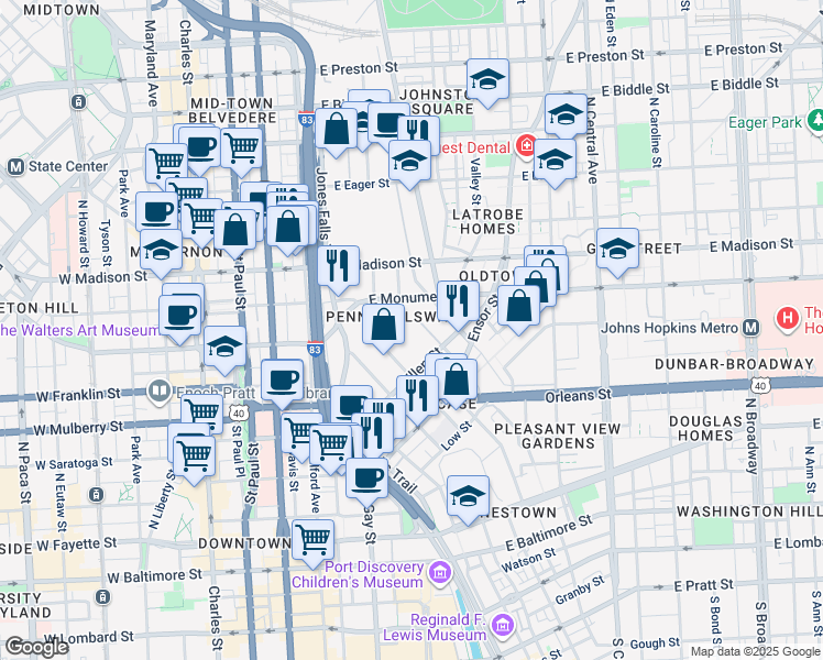map of restaurants, bars, coffee shops, grocery stores, and more near 1016 Hillen Street in Baltimore