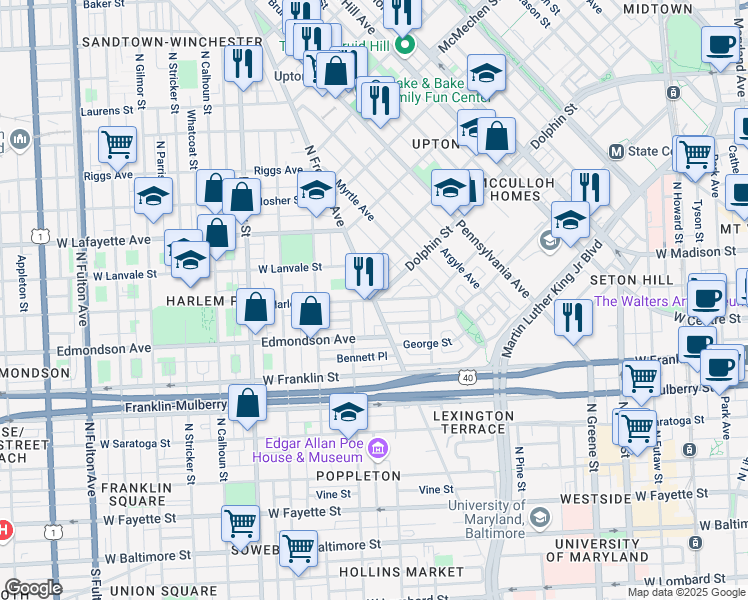 map of restaurants, bars, coffee shops, grocery stores, and more near N Fremont Ave & Harlem Ave in Baltimore