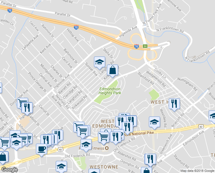 map of restaurants, bars, coffee shops, grocery stores, and more near Forest Park Avenue in Baltimore