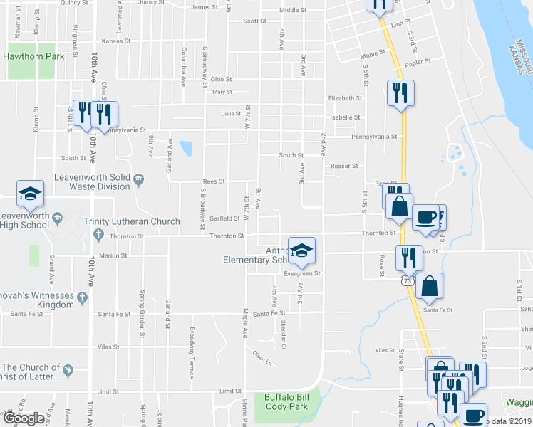 map of restaurants, bars, coffee shops, grocery stores, and more near 664 Doniphan Street in Leavenworth