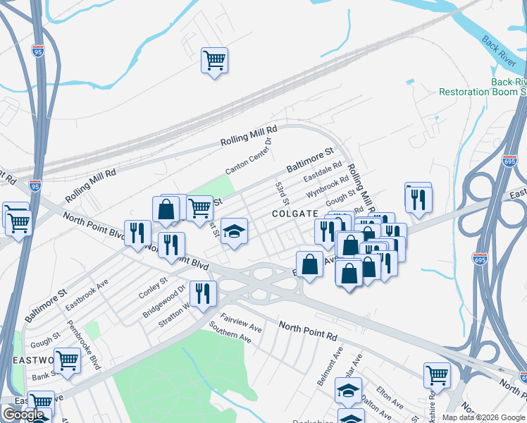 map of restaurants, bars, coffee shops, grocery stores, and more near 7820 Wynbrook Road in Baltimore