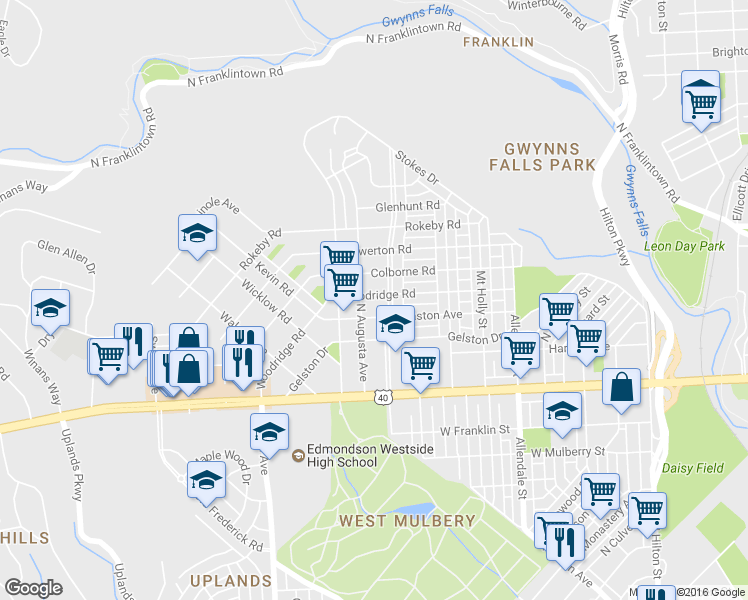 map of restaurants, bars, coffee shops, grocery stores, and more near 4103 Woodridge Road in Baltimore