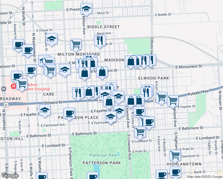 map of restaurants, bars, coffee shops, grocery stores, and more near Jefferson St & N Belnord Ave in Baltimore