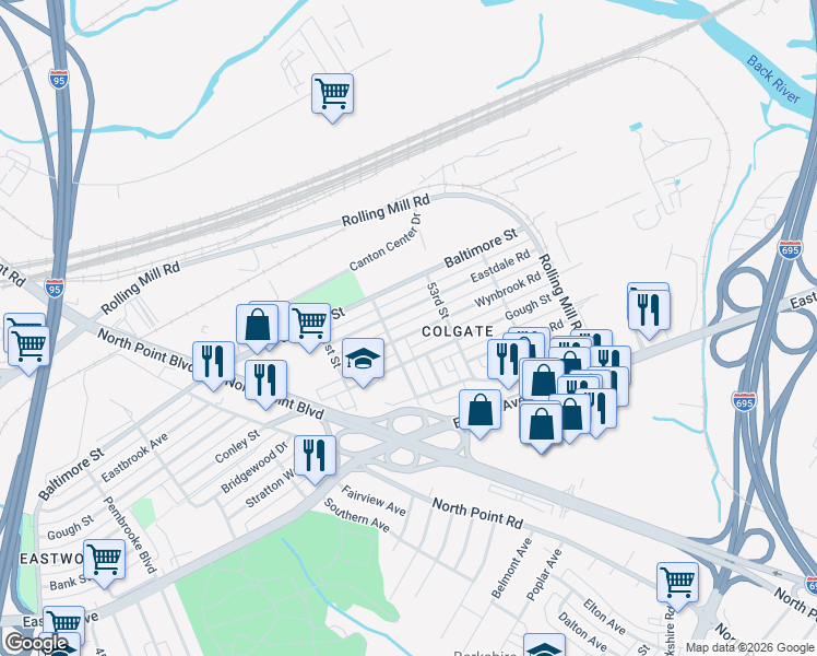 map of restaurants, bars, coffee shops, grocery stores, and more near 7820 Wynbrook Road in Baltimore